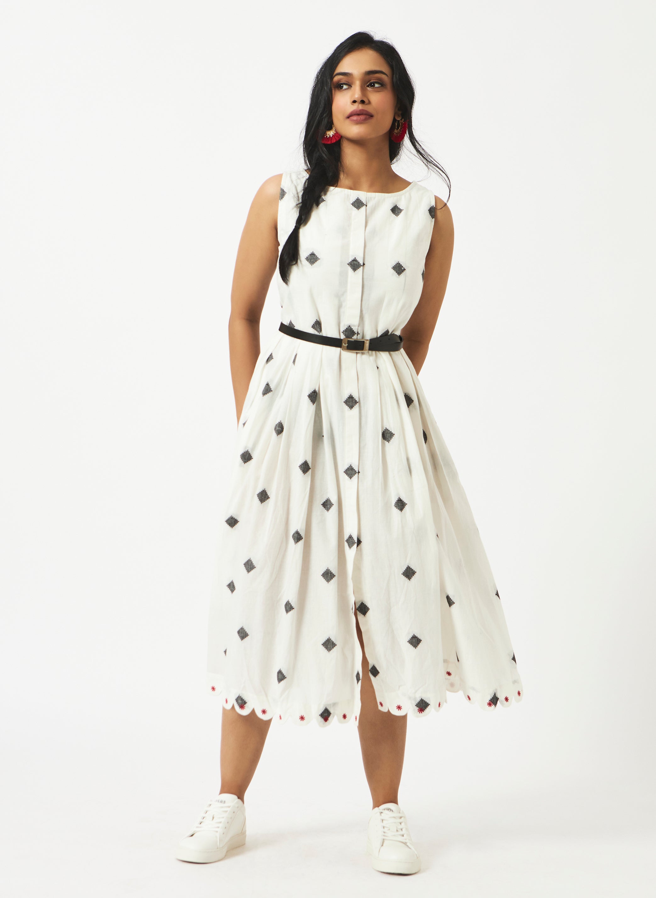 Organic Cotton White Dobby Pleated Dress - MSG50AWDBY