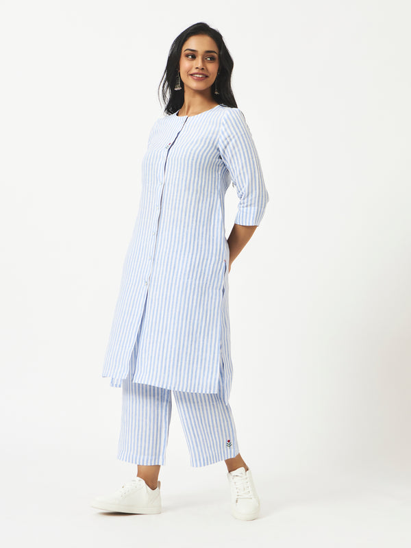 Mosegi-Linen Blue Stripes Kurta and Pant