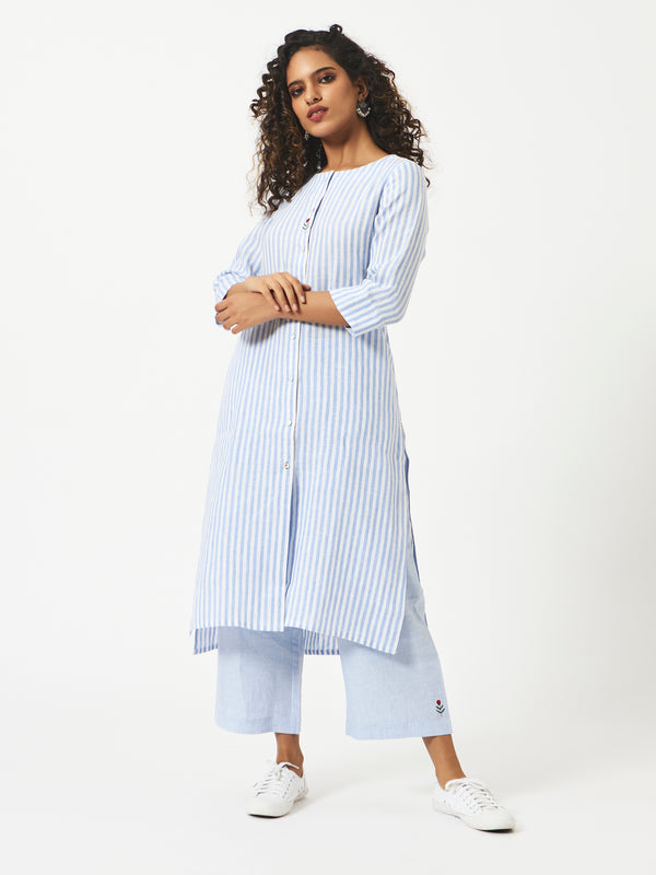 Mosegi-Linen Blue Stripes Kurta and Pant
