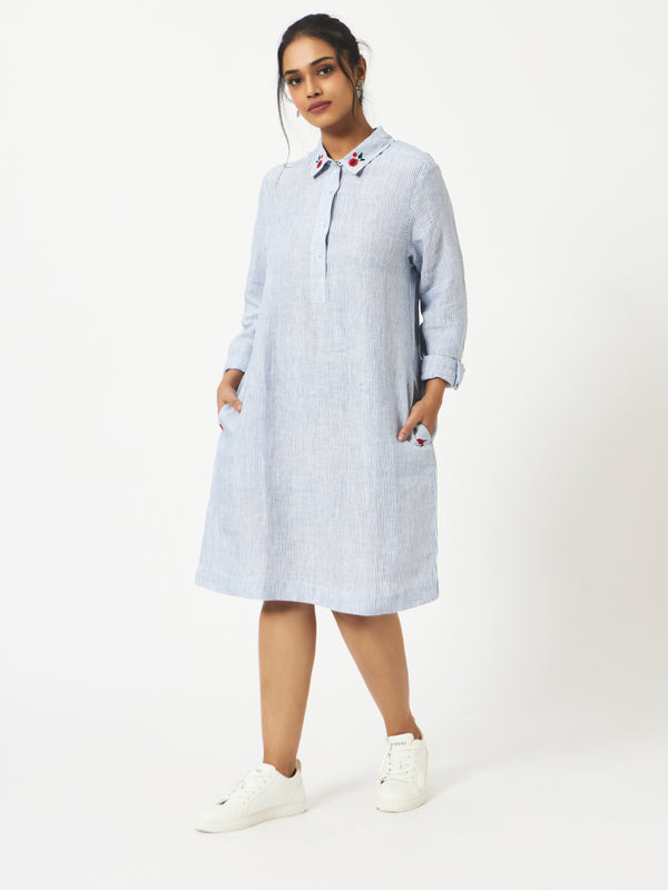 Mosegi-Linen Blue Pin Stripes dress