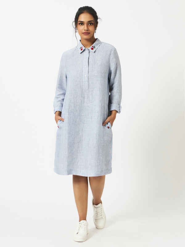 Mosegi-Linen Blue Pin Stripes dress