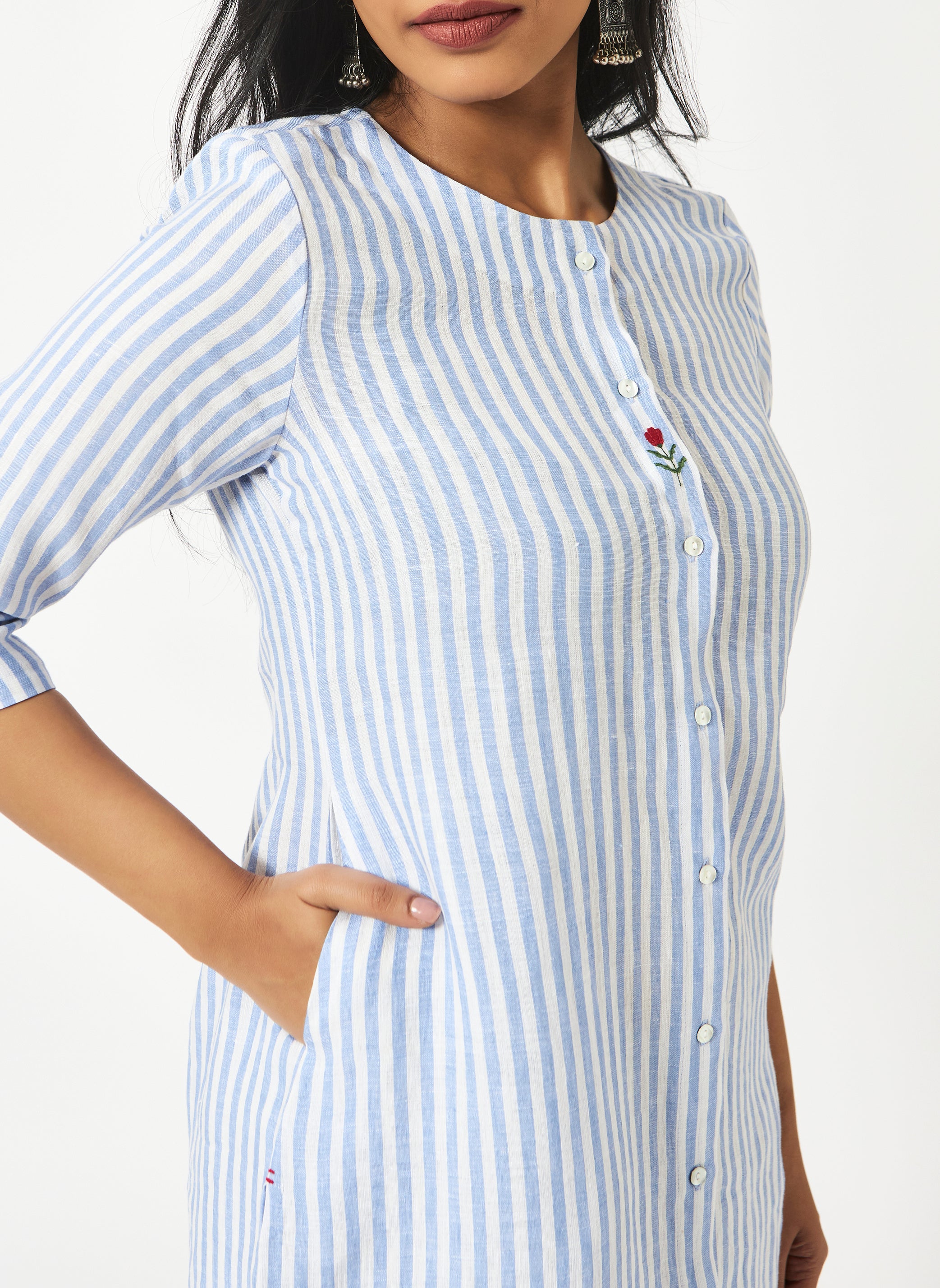 Mosegi-Linen Blue Stripes Kurta and Pant