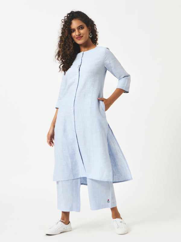 Mosegi-Linen Blue solid Kurta and pant