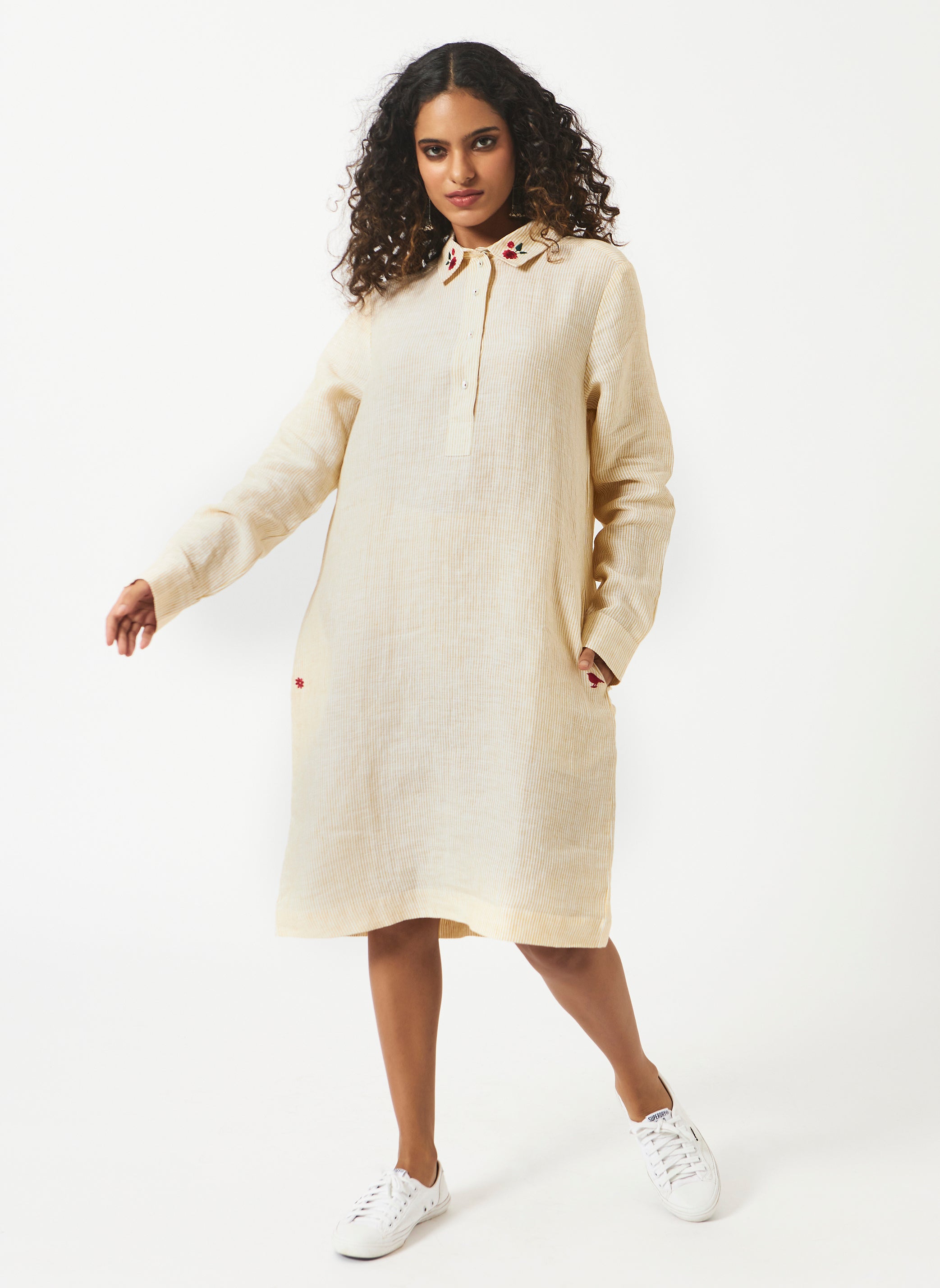 Mosegi-Linen Yellow Pin Stripes Dress
