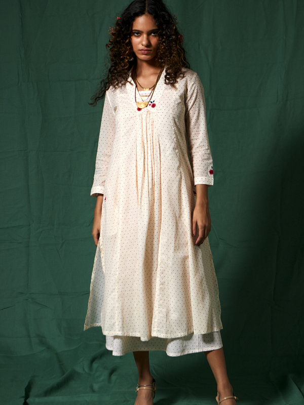 Mosegi-Off-white Polka Dot Cotton Layered Dress 