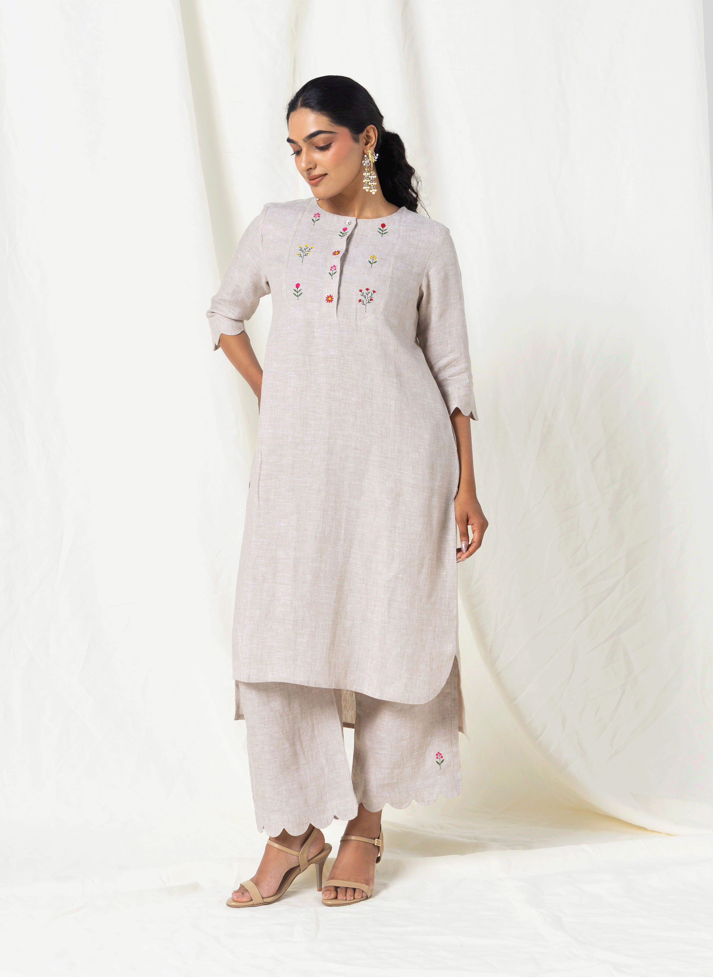 100% Linen Beige Scalloped Kurta Set – MWA20404-20414