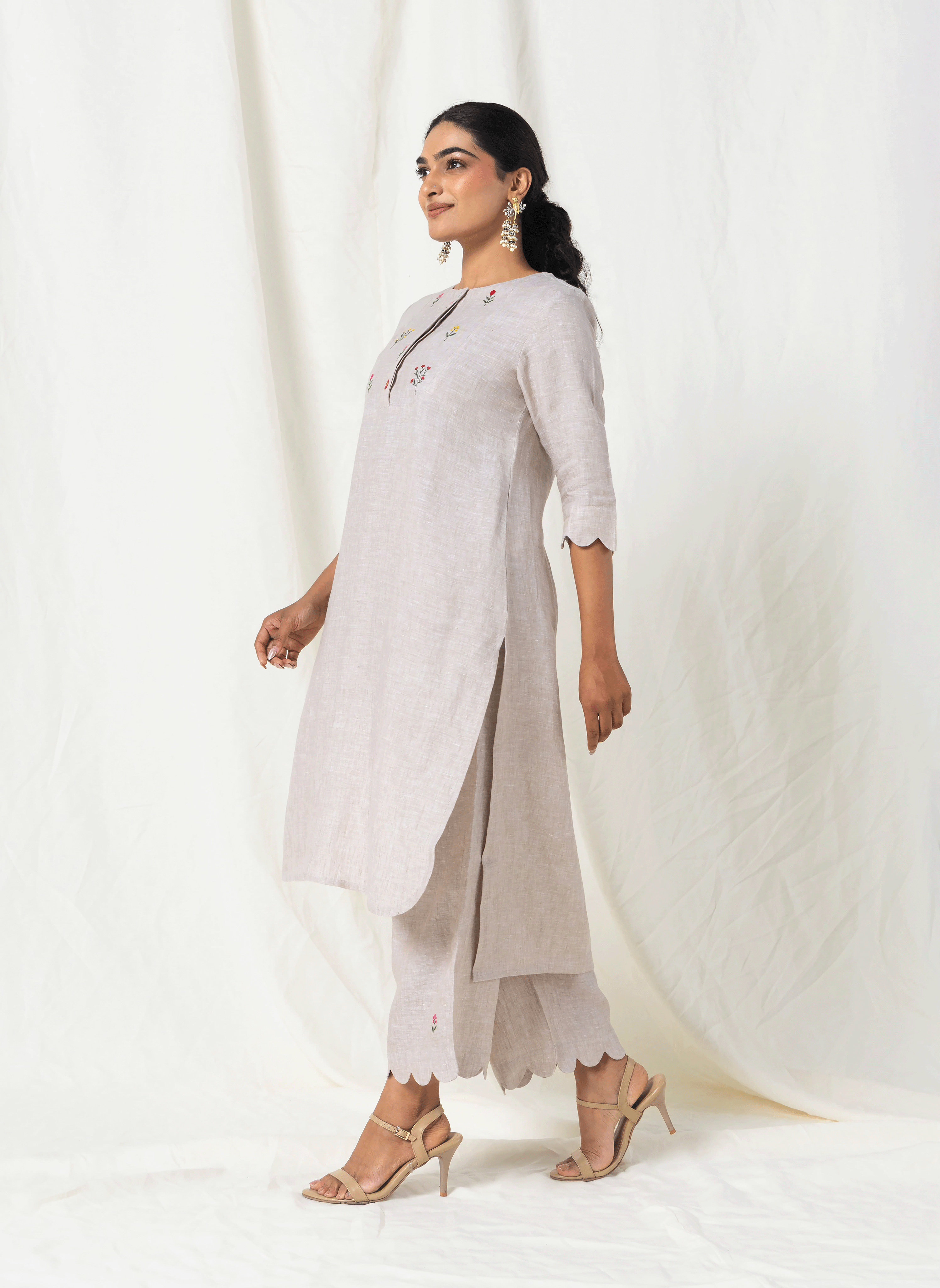 100% Linen Beige Scalloped Kurta Set – MWA20404-20414