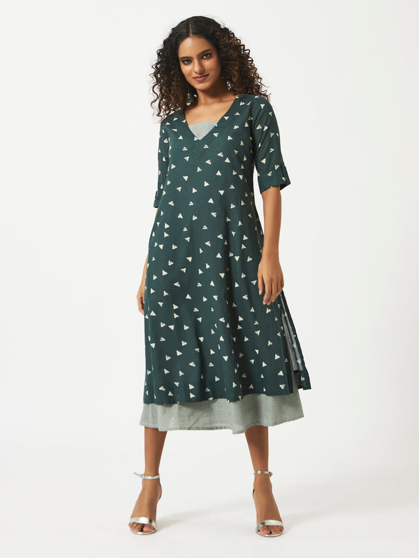 Mosegi-Green V-Neck Dress
