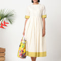 Handloom cotton off-white and yellow checks dress with embroidery - MSG11