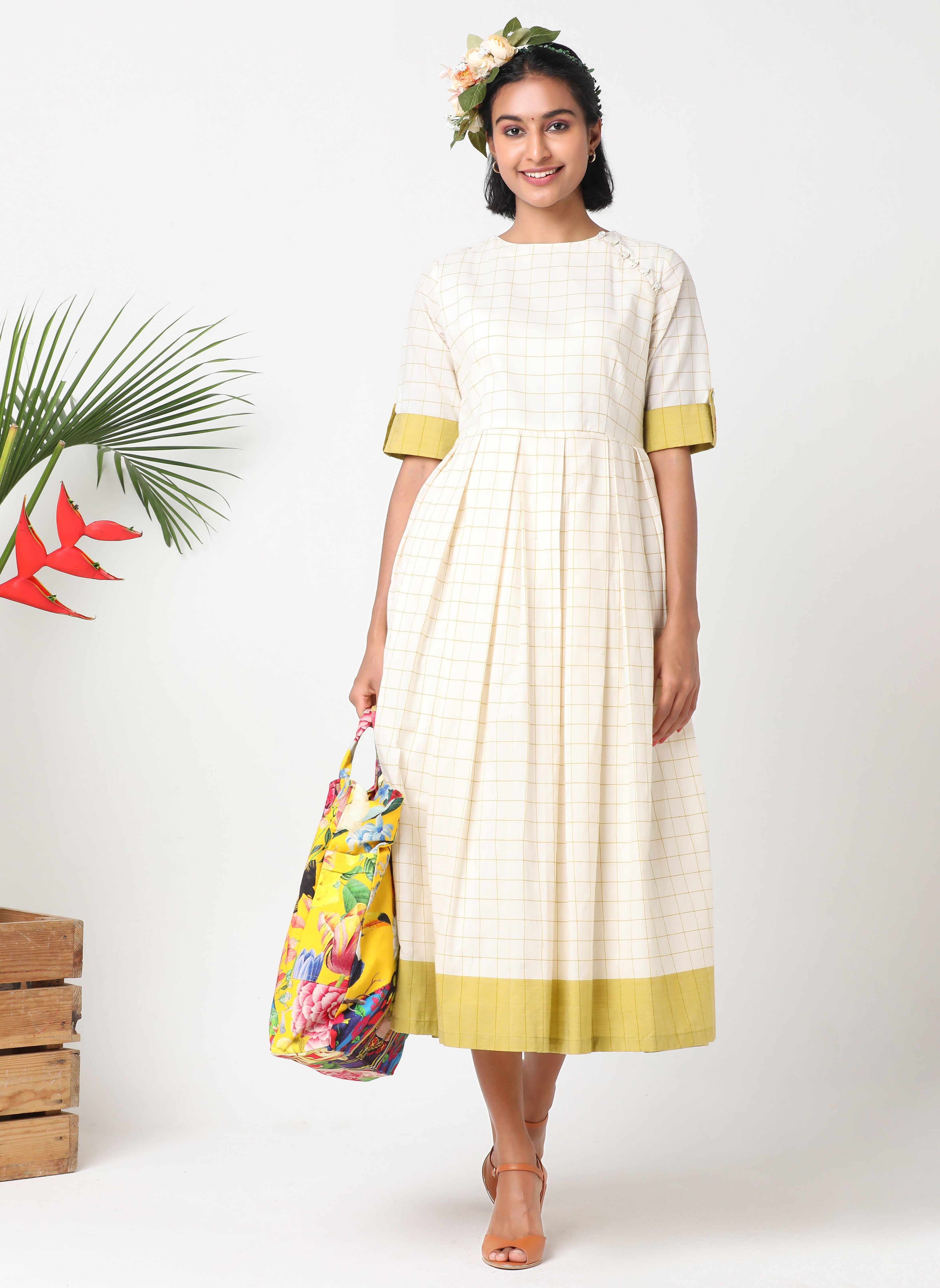 Handloom cotton off-white and yellow checks dress with embroidery - MSG11