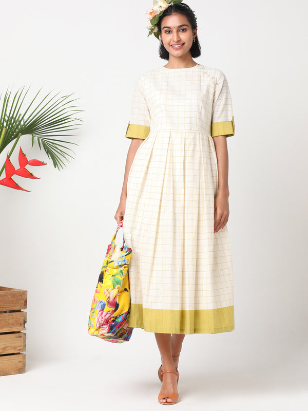 Handloom cotton off-white and yellow checks dress with embroidery - MSG11