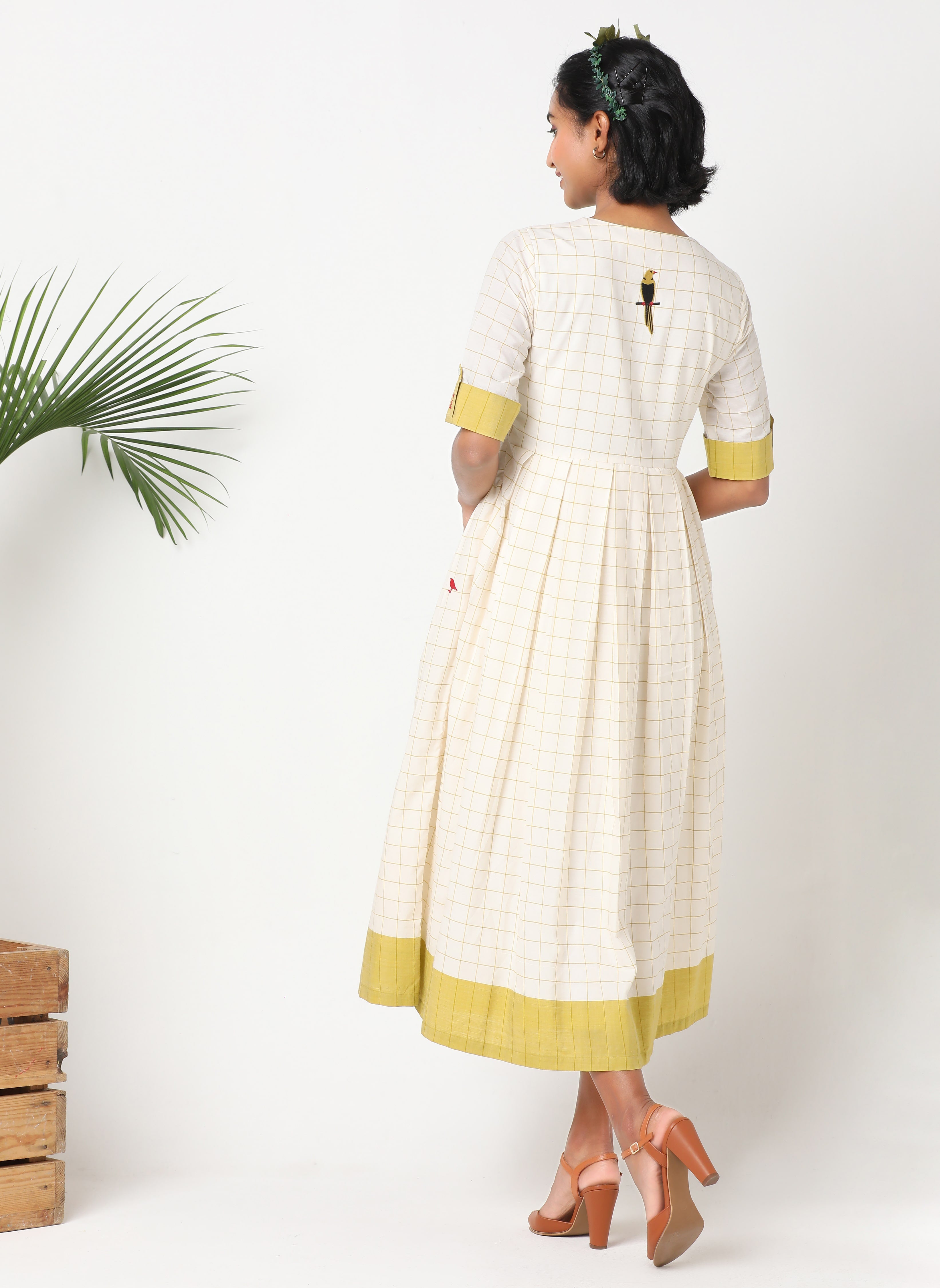 Handloom cotton off-white and yellow checks dress with embroidery - MSG11