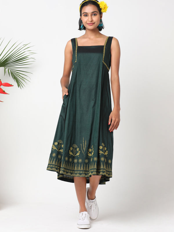 Dark green squared neckline dress with embroidery MSG03A
