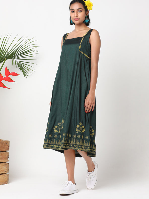 Dark green squared neckline dress with embroidery MSG03A