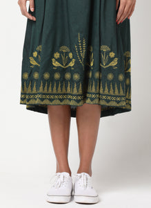 Dark green squared neckline dress with embroidery