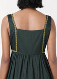 Dark green squared neckline dress with embroidery