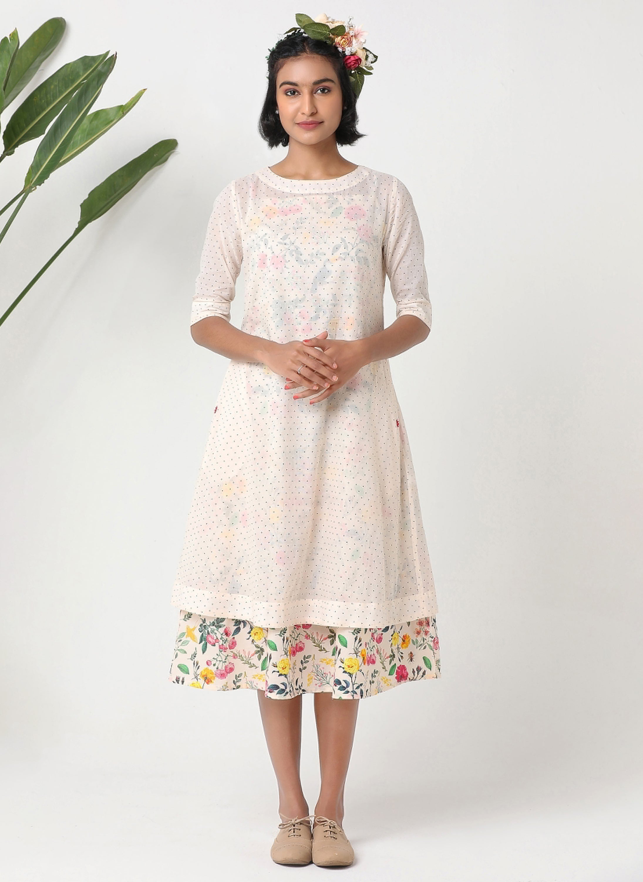 Organic cotton layered A-line dress with embroidery - MSG06