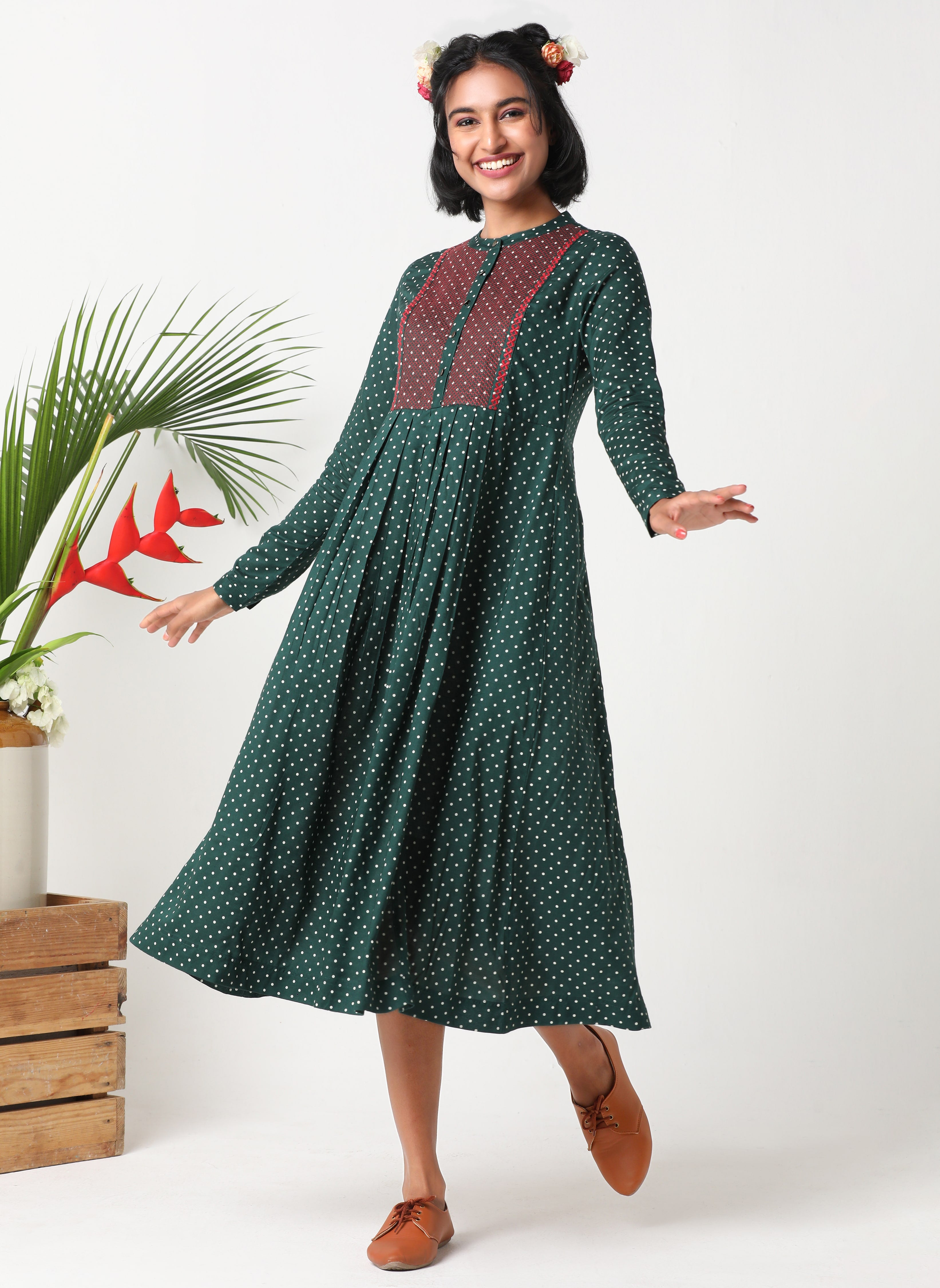 Green Polka dot dress with bib embroidery MSG08B