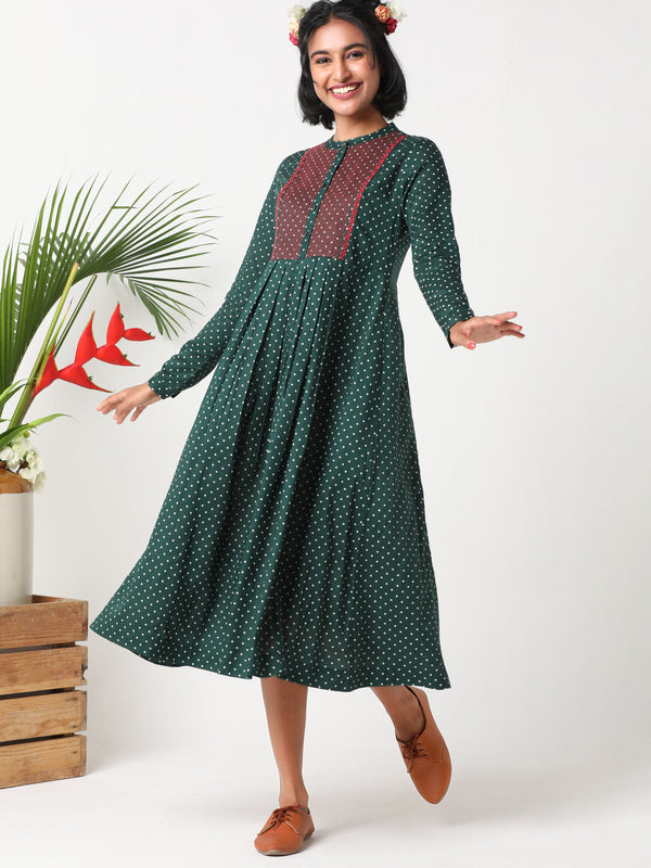 Green Polka dot dress with bib embroidery MSG08B