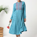Teal blue printed mandarin collar dress with bib embroidery - MSG08C