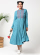 Teal blue printed mandarin collar dress with bib embroidery - MSG08C