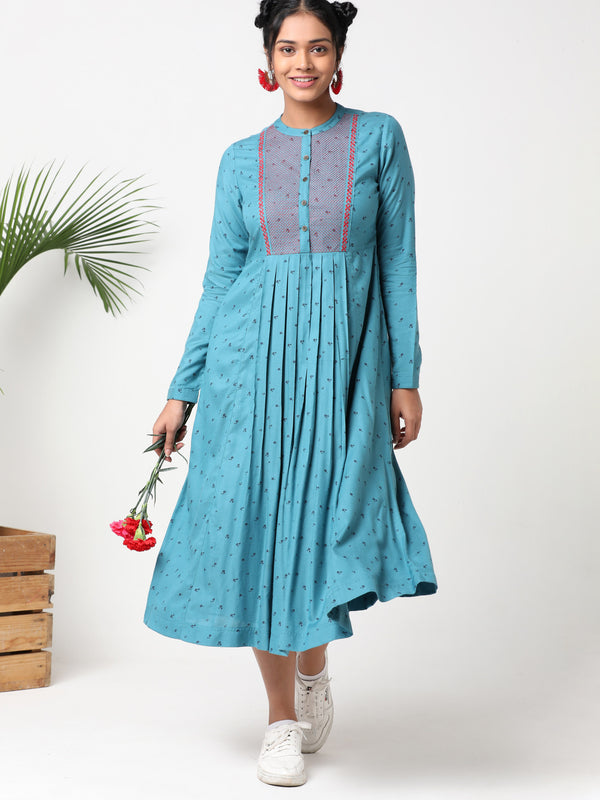 Teal blue printed mandarin collar dress with bib embroidery - MSG08C