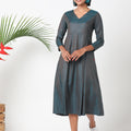 V neck dress in teal blue duotone fabric with text embroidery - MSG151
