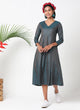 V neck dress in teal blue duotone fabric with text embroidery - MSG151