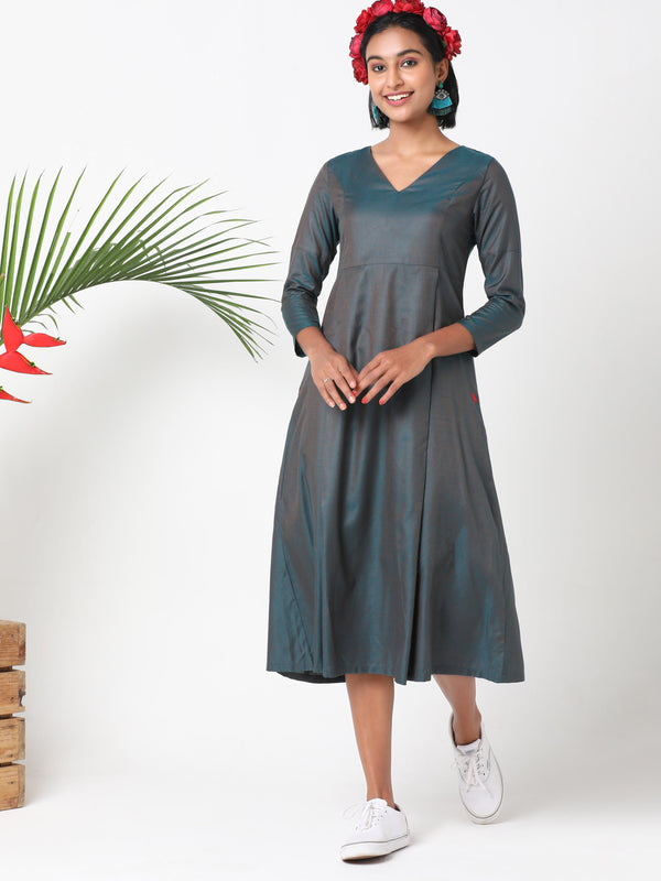 V neck dress in teal blue duotone fabric with text embroidery - MSG151