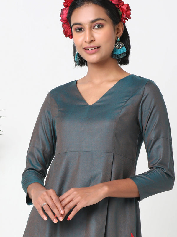 V neck dress in teal blue duotone fabric with text embroidery - MSG151