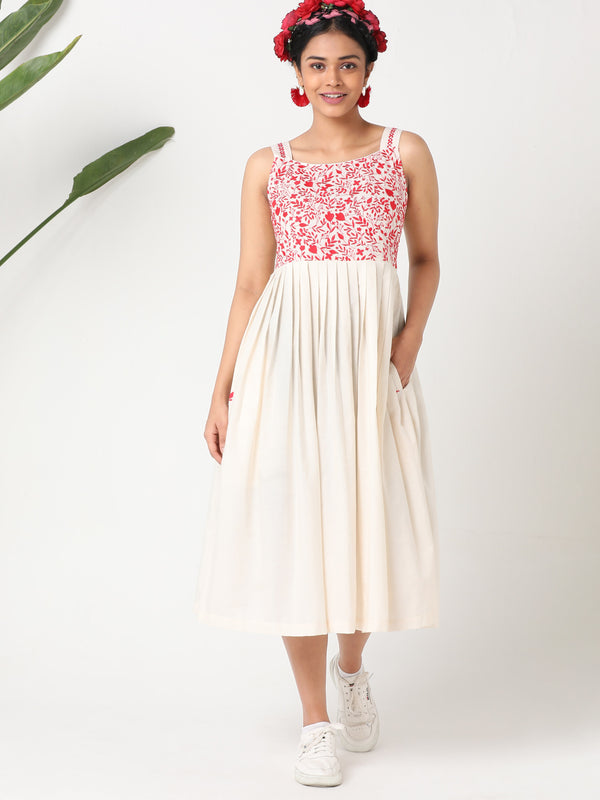 Off-white handloom cotton strappy dress with embroidery MSG155A