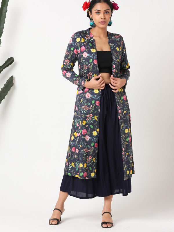 Dark blue digital printed Tencel floral jacket MSG165