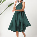 Green polka  sleeveless dress with asymmetric hemline and embroidery MSG175