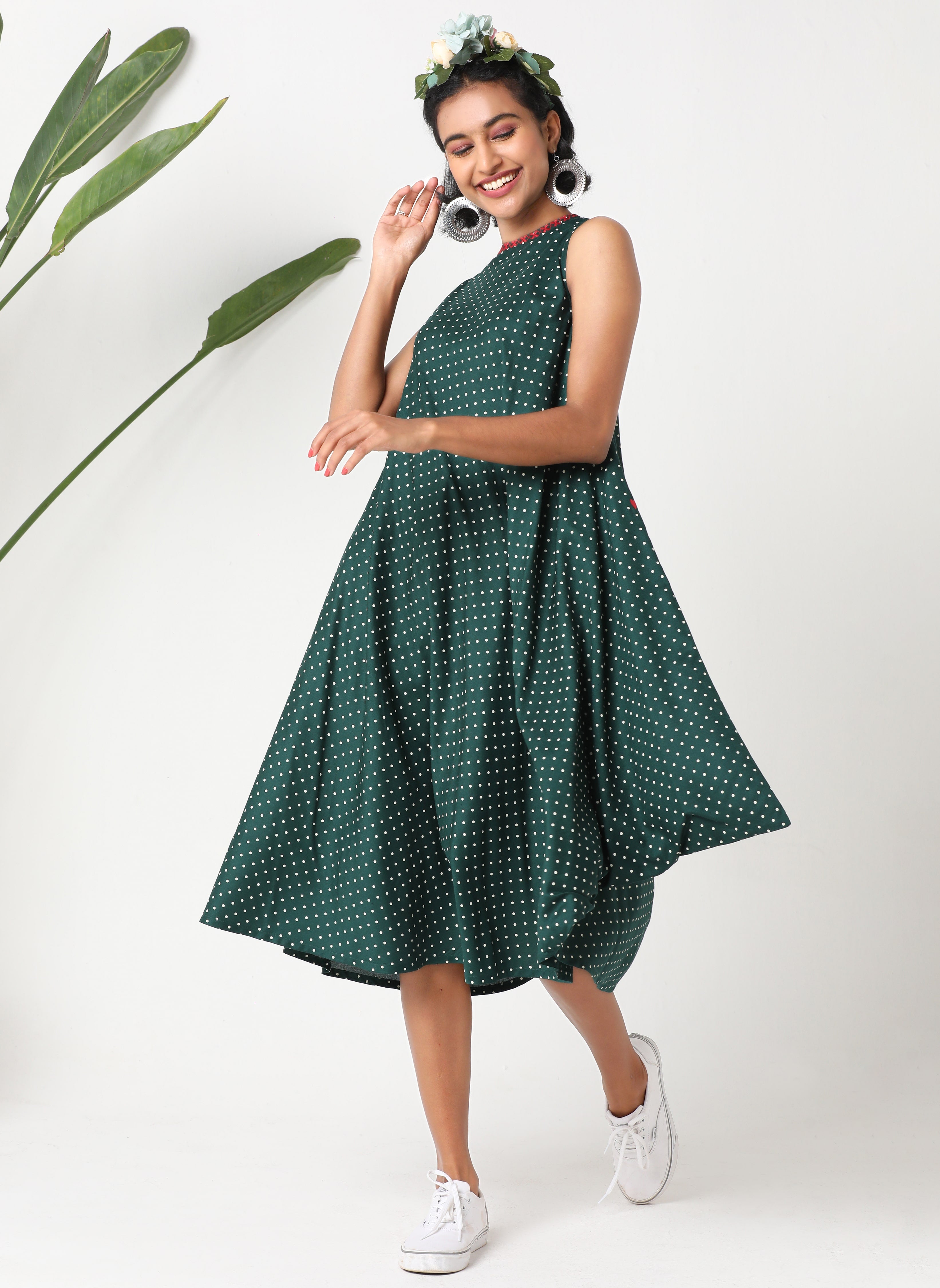 Green polka  sleeveless dress with asymmetric hemline and embroidery MSG175