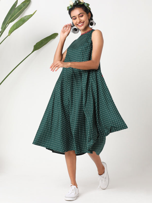 Green polka  sleeveless dress with asymmetric hemline and embroidery MSG175