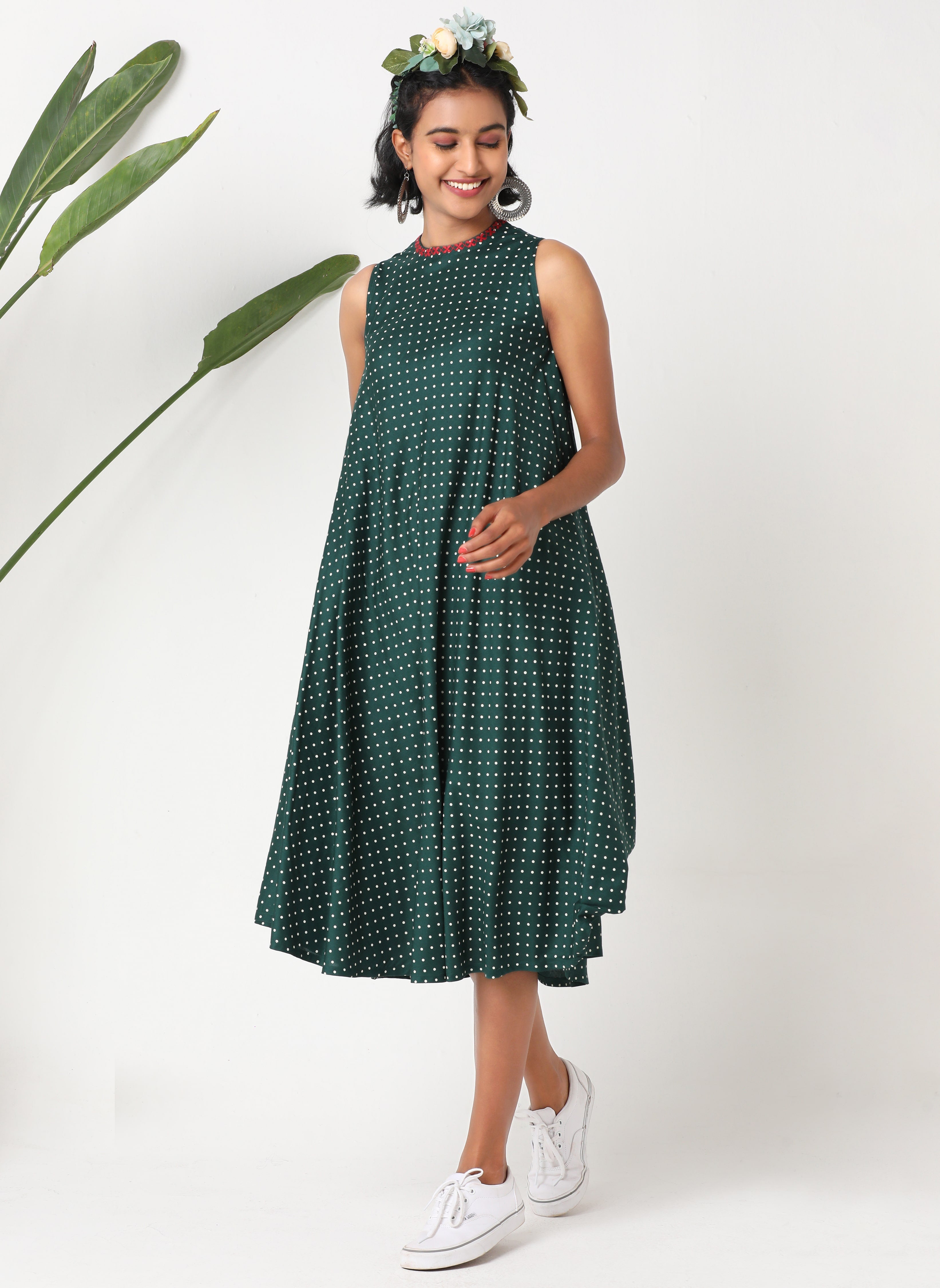 Green polka  sleeveless dress with asymmetric hemline and embroidery MSG175