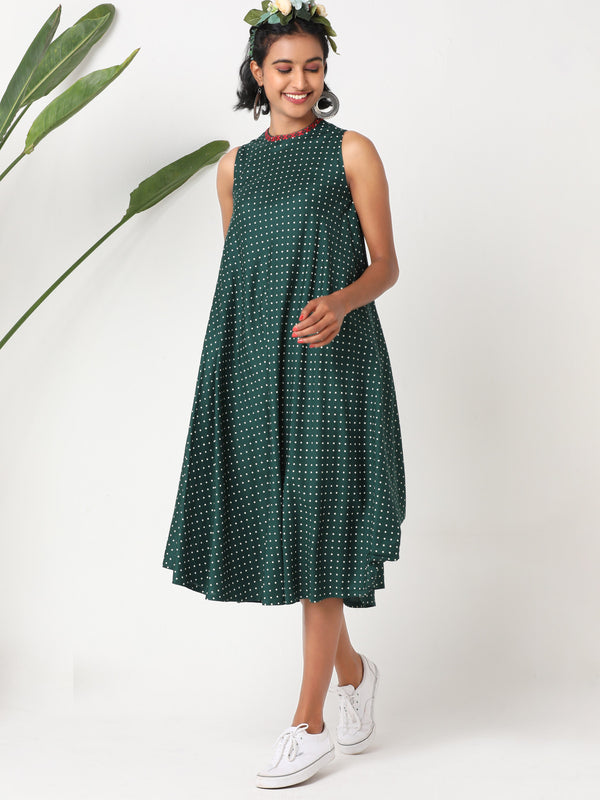 Green polka  sleeveless dress with asymmetric hemline and embroidery MSG175