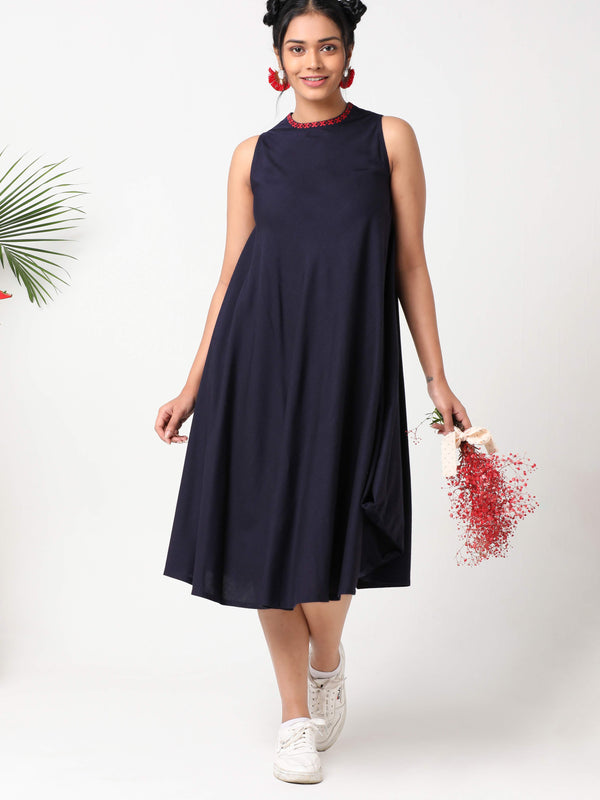 Dark blue sleeveless dress with asymmetric hemline and embroidery  MSG175B