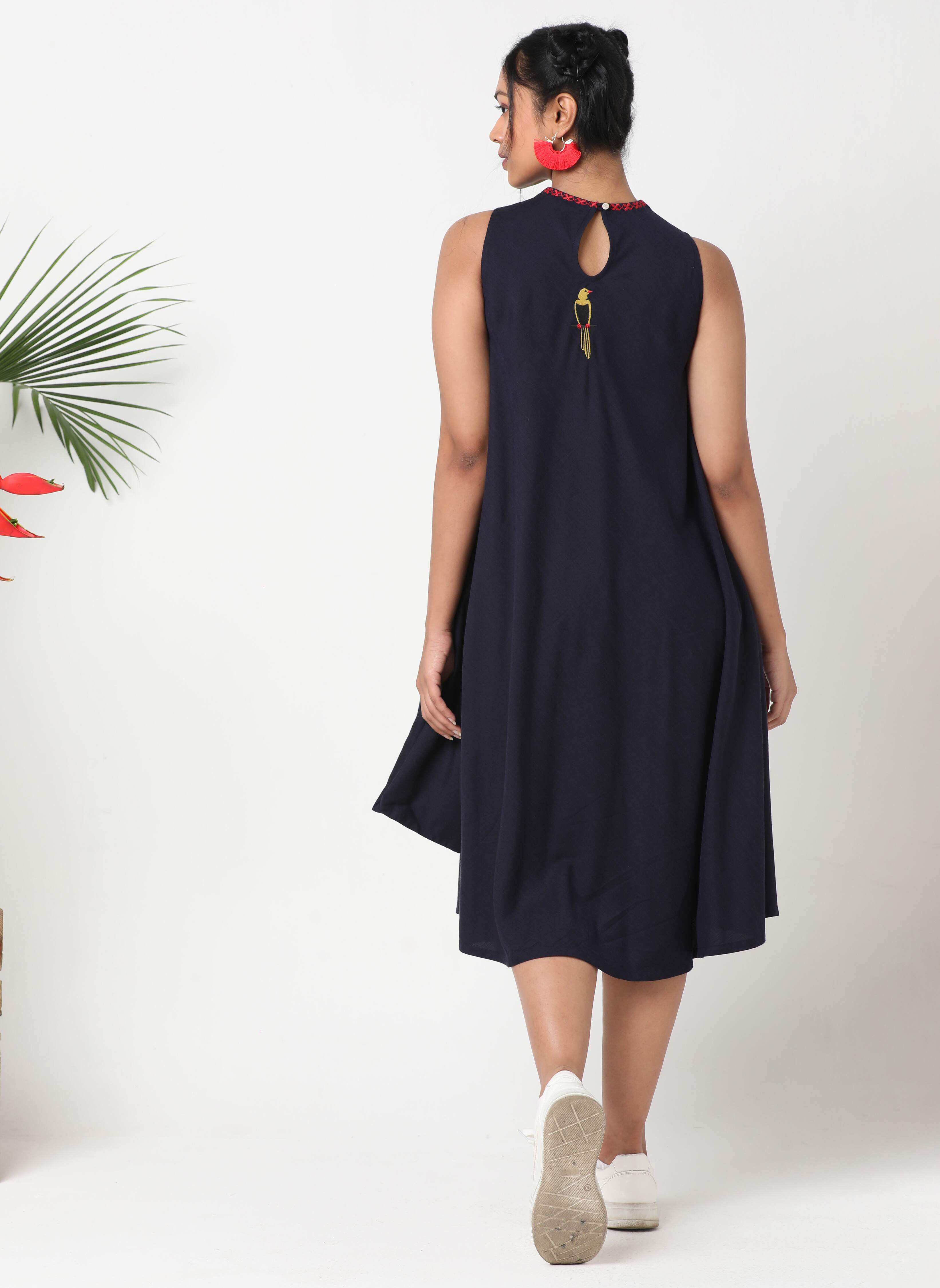 Dark blue sleeveless dress with asymmetric hemline and embroidery  MSG175B