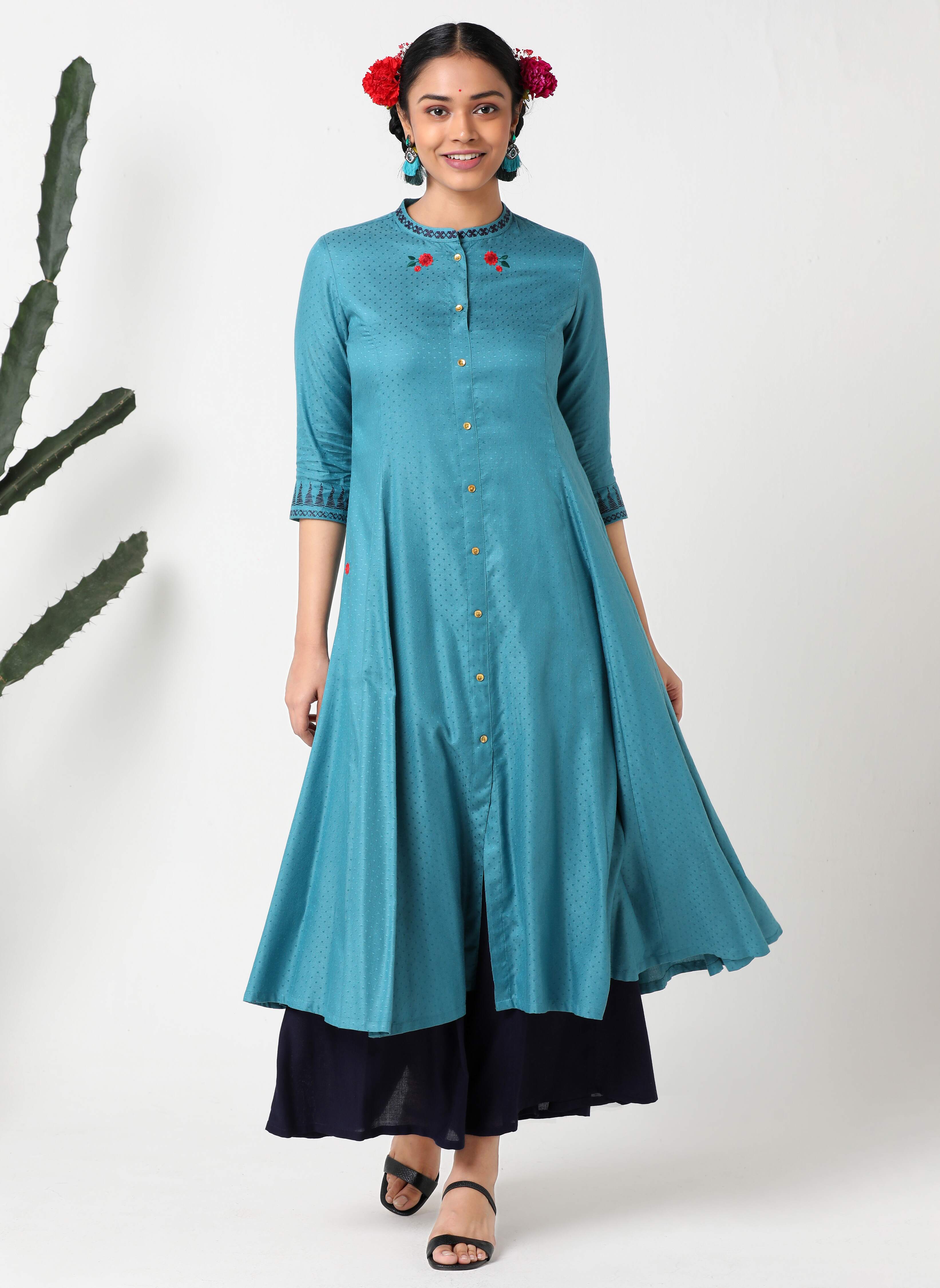 Teal blue embroidered kurta - MSG360