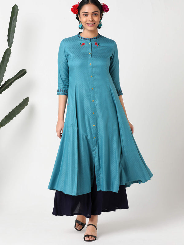 Teal blue embroidered kurta - MSG360