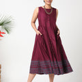Burgundy sleeveless pleated dress with embroidery  MSG50C