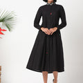 Black organic cotton mandarin collar pleated dress with embroidery-MSG57A