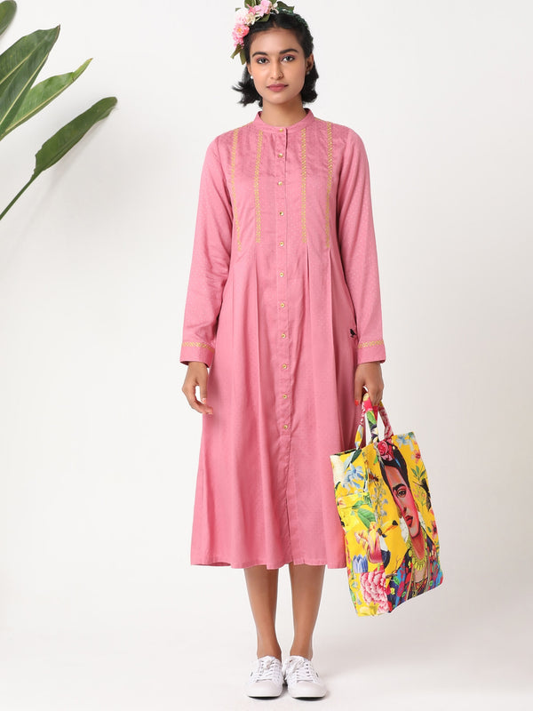 Dusty rose pleated dress in mandarin collar with embroidery MSG57B