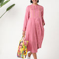 Dusty rose pleated dress in mandarin collar with embroidery MSG57B