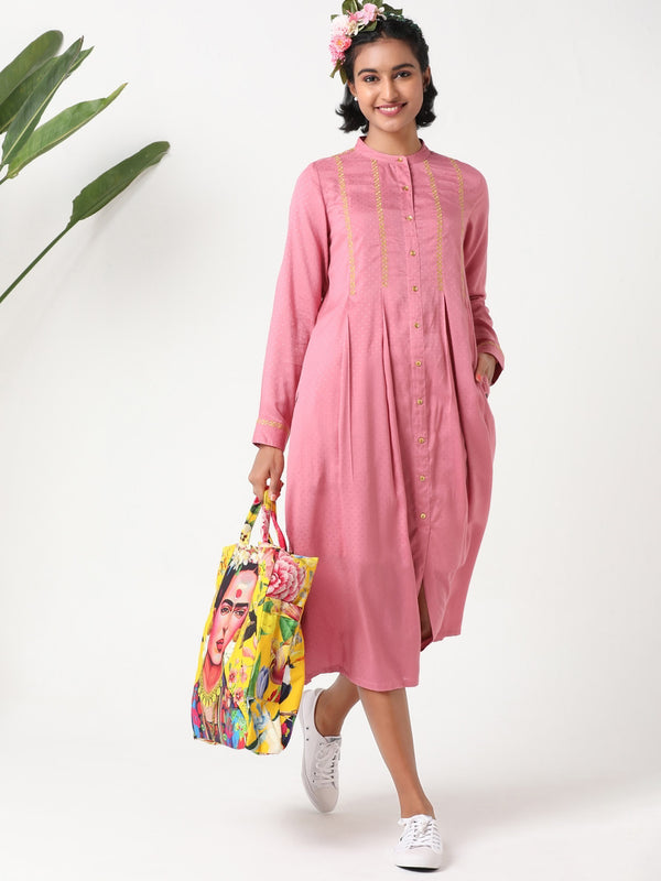 Dusty rose pleated dress in mandarin collar with embroidery MSG57B