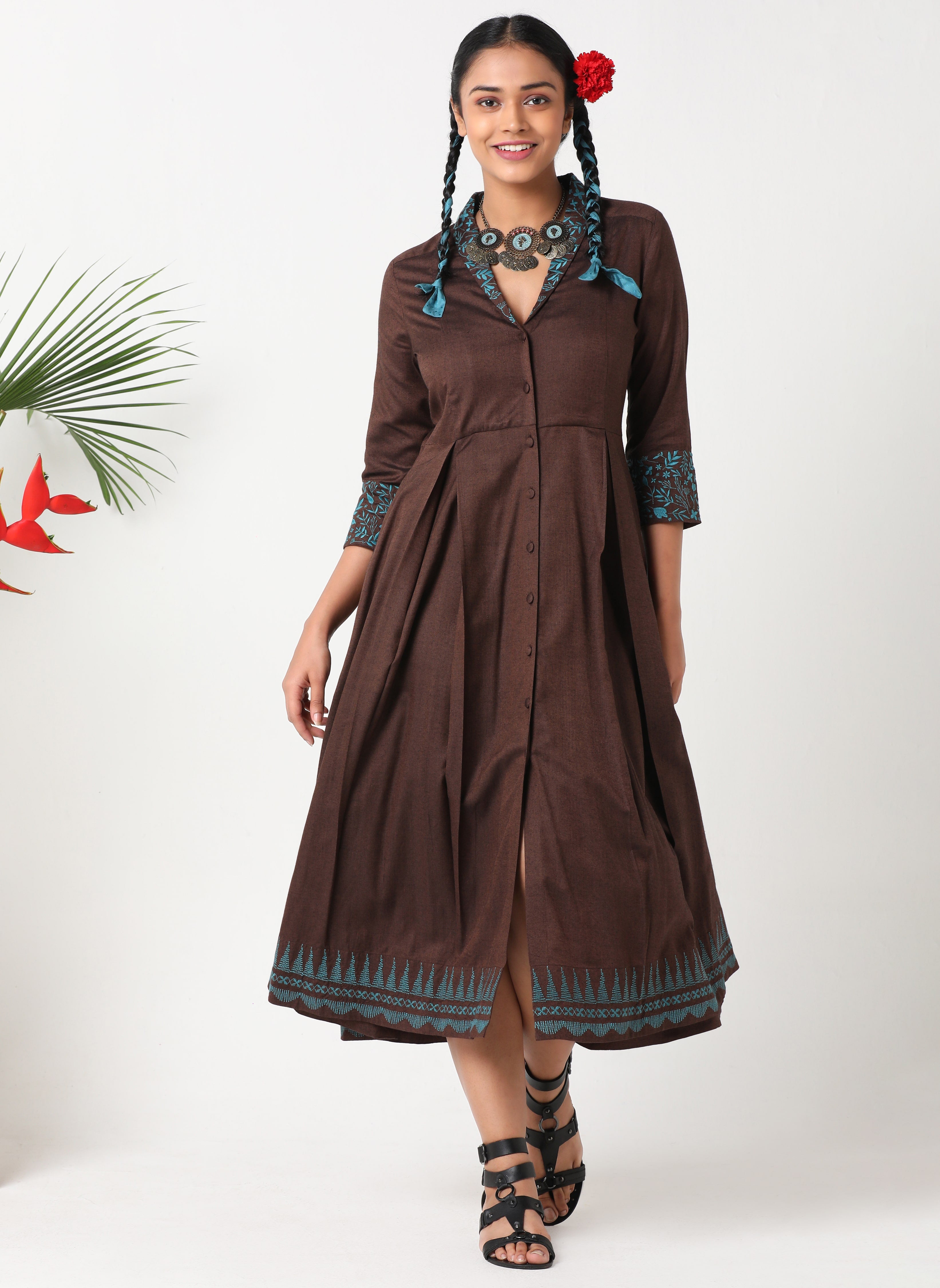 Brown embroidered dress with shawl collar MSG60C
