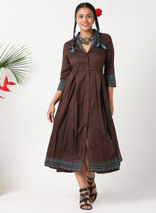 Brown embroidered dress with shawl collar