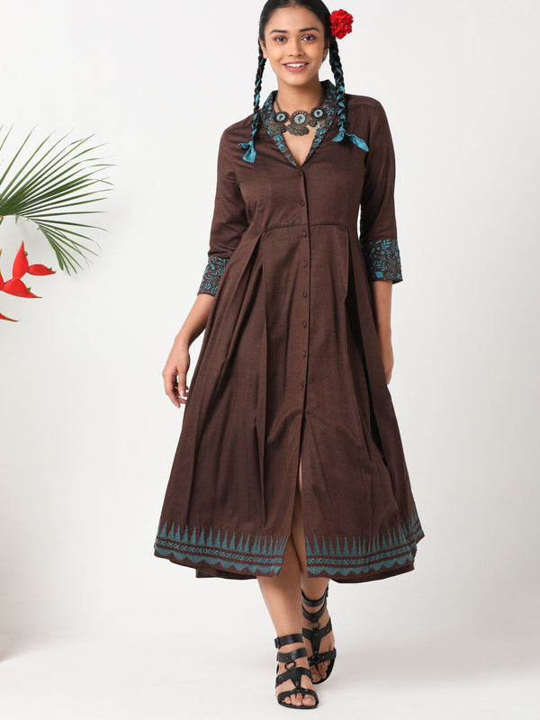 Brown embroidered dress with shawl collar MSG60C