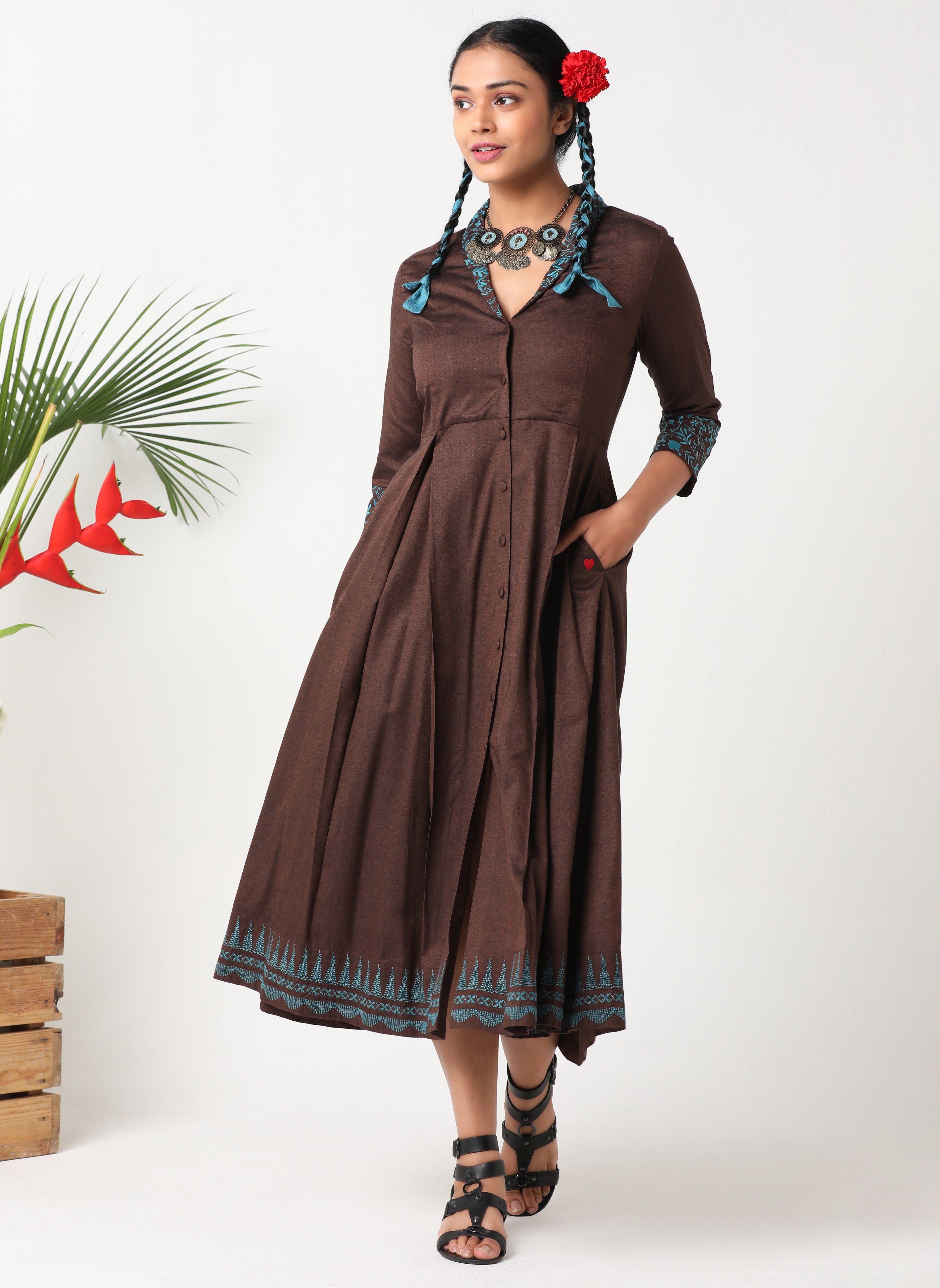 Brown embroidered dress with shawl collar MSG60C